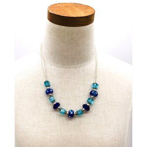 Necklace aqua and blue glass beads on three strands of silver tone thin wire 18"